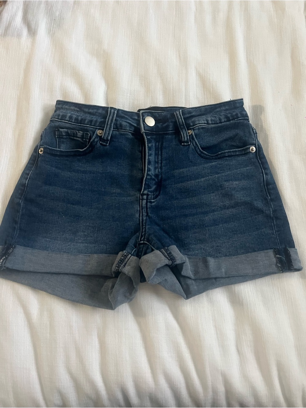 Fashion Nova Dark Blue Roll-Cuff Denim Shorts